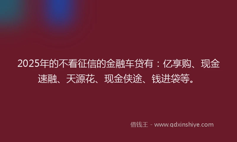 2025年的不看征信的金融车贷有：亿享购、现金速融、天源花、现金侠途、钱进袋等。