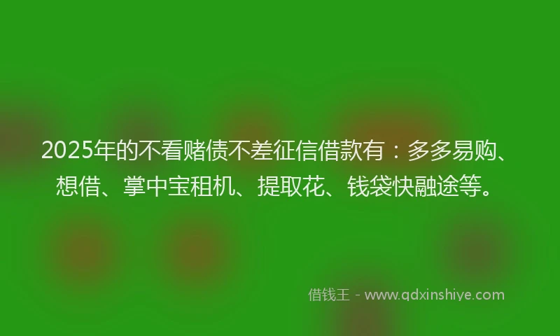 2025年的不看赌债不差征信借款有：多多易购、想借、掌中宝租机、提取花、钱袋快融途等。