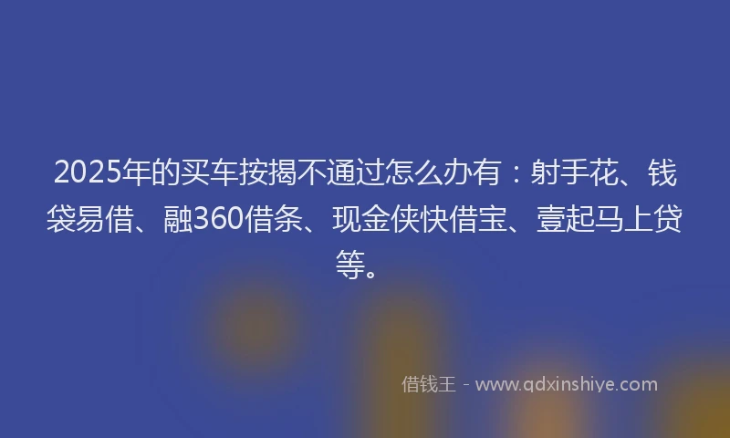 2025年的买车按揭不通过怎么办有：射手花、钱袋易借、融360借条、现金侠快借宝、壹起马上贷等。