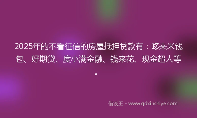 2025年的不看征信的房屋抵押贷款有：哆来米钱包、好期贷、度小满金融、钱来花、现金超人等。