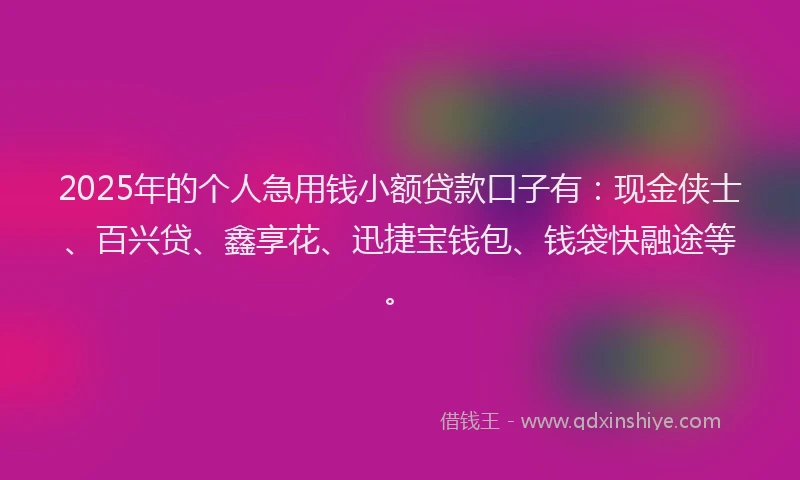 2025年的个人急用钱小额贷款口子有：现金侠士、百兴贷、鑫享花、迅捷宝钱包、钱袋快融途等。