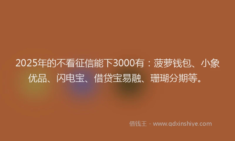 2025年的不看征信能下3000有：菠萝钱包、小象优品、闪电宝、借贷宝易融、珊瑚分期等。