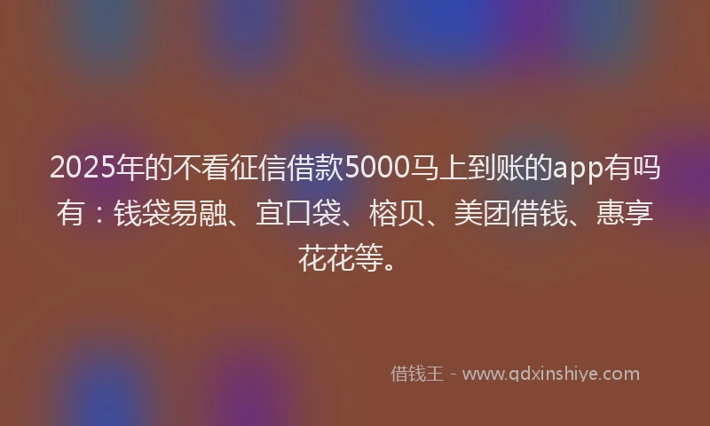 2025年的不看征信借款5000马上到账的app有吗有：钱袋易融、宜口袋、榕贝、美团借钱、惠享花花等。