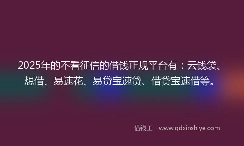 2025年的不看征信的借钱正规平台有：云钱袋、想借、易速花、易贷宝速贷、借贷宝速借等。