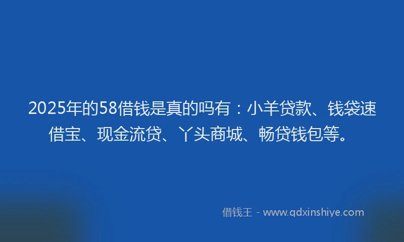 2025年的58借钱是真的吗有：小羊贷款、钱袋速借宝、现金流贷、丫头商城、畅贷钱包等。