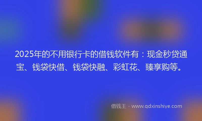 2025年的不用银行卡的借钱软件有：现金秒贷通宝、钱袋快借、钱袋快融、彩虹花、臻享购等。