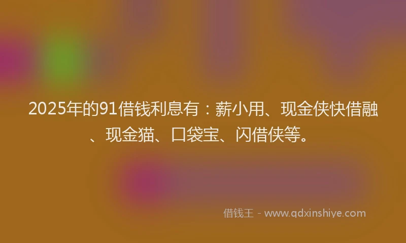 2025年的91借钱利息有：薪小用、现金侠快借融、现金猫、口袋宝、闪借侠等。