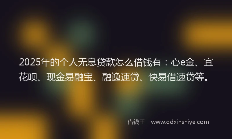 2025年的个人无息贷款怎么借钱有：心e金、宜花呗、现金易融宝、融逸速贷、快易借速贷等。
