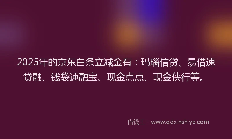 2025年的京东白条立减金有：玛瑙信贷、易借速贷融、钱袋速融宝、现金点点、现金侠行等。