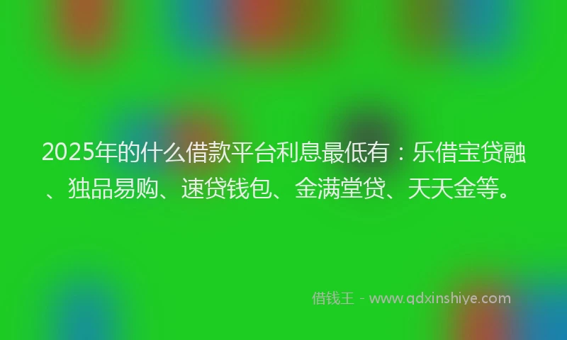 2025年的什么借款平台利息最低有：乐借宝贷融、独品易购、速贷钱包、金满堂贷、天天金等。