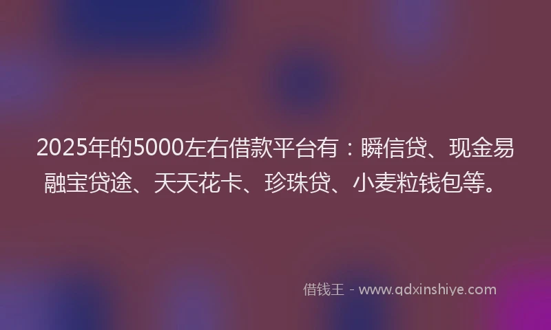 2025年的5000左右借款平台有：瞬信贷、现金易融宝贷途、天天花卡、珍珠贷、小麦粒钱包等。