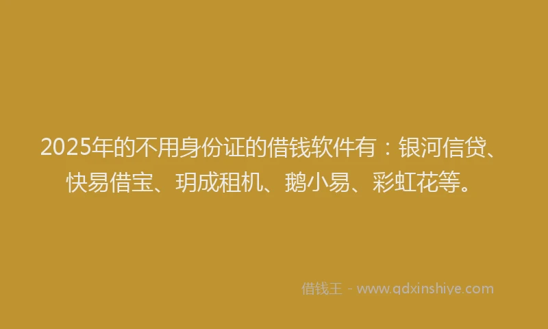 2025年的不用身份证的借钱软件有：银河信贷、快易借宝、玥成租机、鹅小易、彩虹花等。