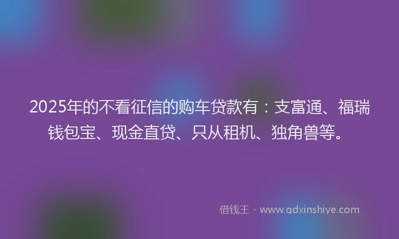 2025年的不看征信的购车贷款有：支富通、福瑞钱包宝、现金直贷、只从租机、独角兽等。