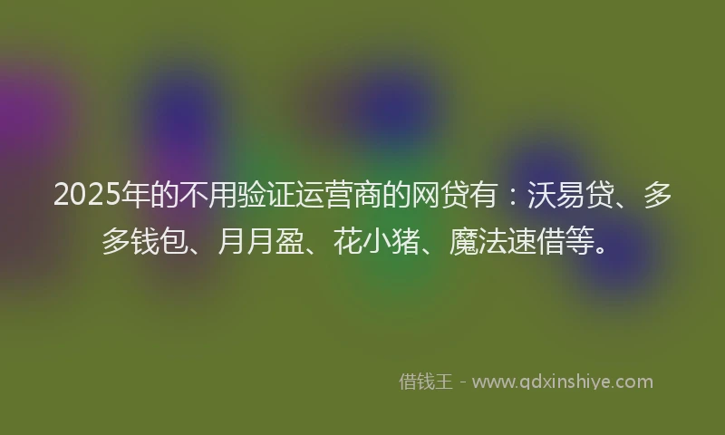 2025年的不用验证运营商的网贷有：沃易贷、多多钱包、月月盈、花小猪、魔法速借等。