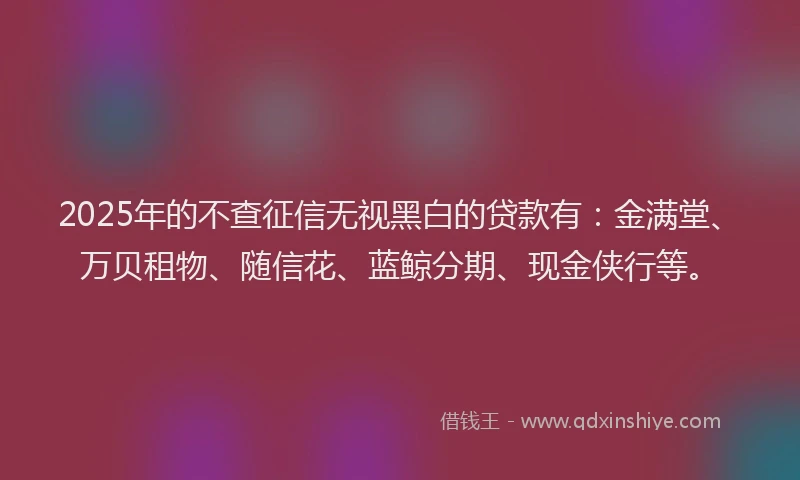 2025年的不查征信无视黑白的贷款有：金满堂、万贝租物、随信花、蓝鲸分期、现金侠行等。