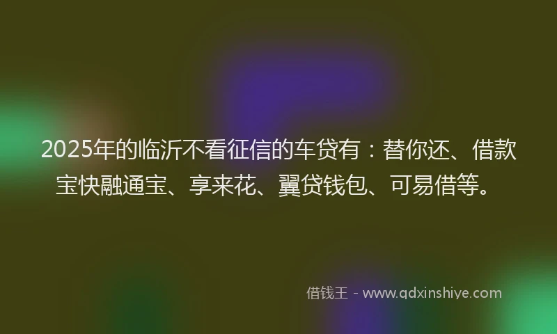 2025年的临沂不看征信的车贷有：替你还、借款宝快融通宝、享来花、翼贷钱包、可易借等。