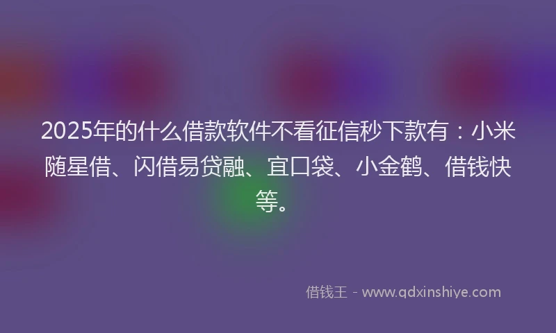 2025年的什么借款软件不看征信秒下款有：小米随星借、闪借易贷融、宜口袋、小金鹤、借钱快等。
