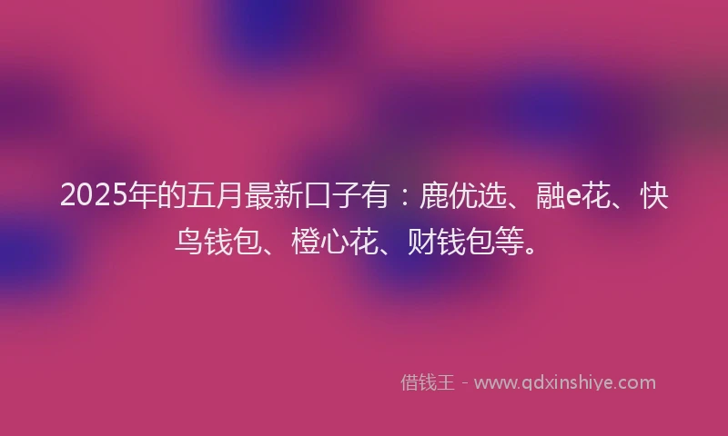 2025年的五月最新口子有：鹿优选、融e花、快鸟钱包、橙心花、财钱包等。
