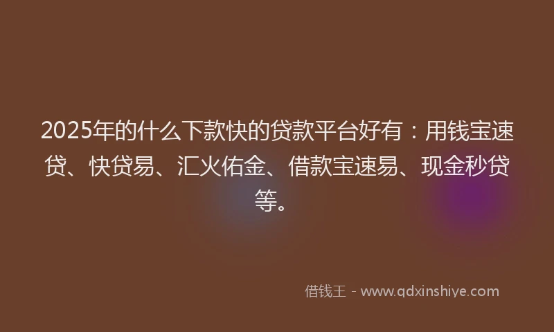 2025年的什么下款快的贷款平台好有：用钱宝速贷、快贷易、汇火佑金、借款宝速易、现金秒贷等。