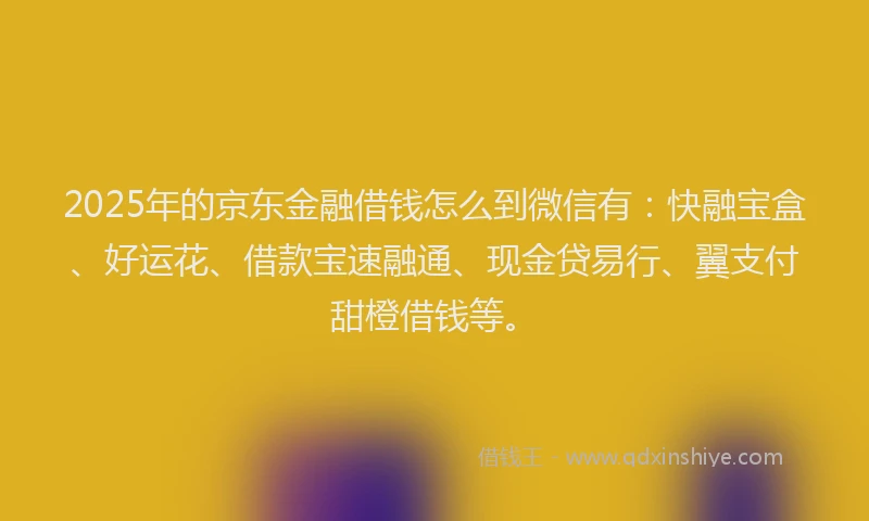 2025年的京东金融借钱怎么到微信有：快融宝盒、好运花、借款宝速融通、现金贷易行、翼支付甜橙借钱等。