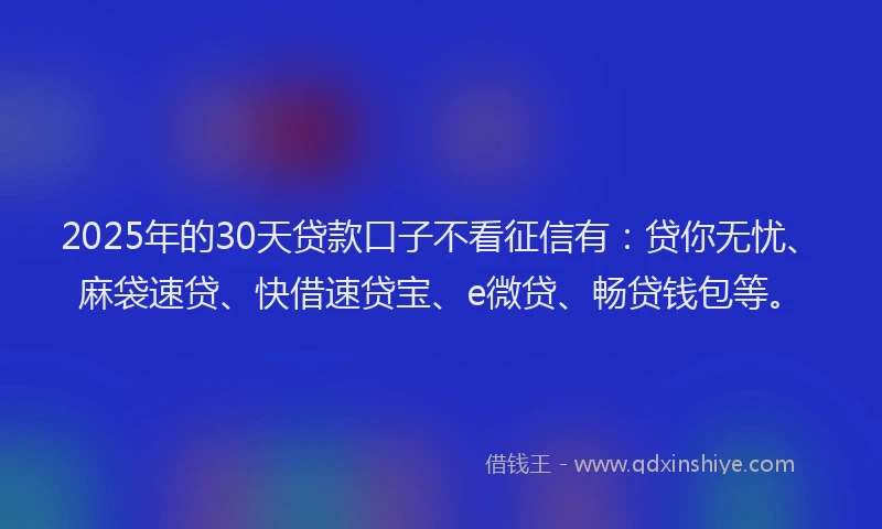 2025年的30天贷款口子不看征信有：贷你无忧、麻袋速贷、快借速贷宝、e微贷、畅贷钱包等。