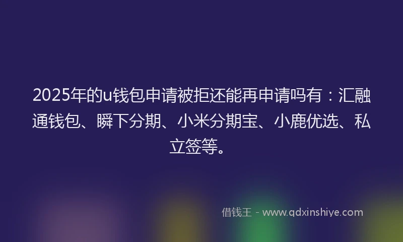 2025年的u钱包申请被拒还能再申请吗有：汇融通钱包、瞬下分期、小米分期宝、小鹿优选、私立签等。