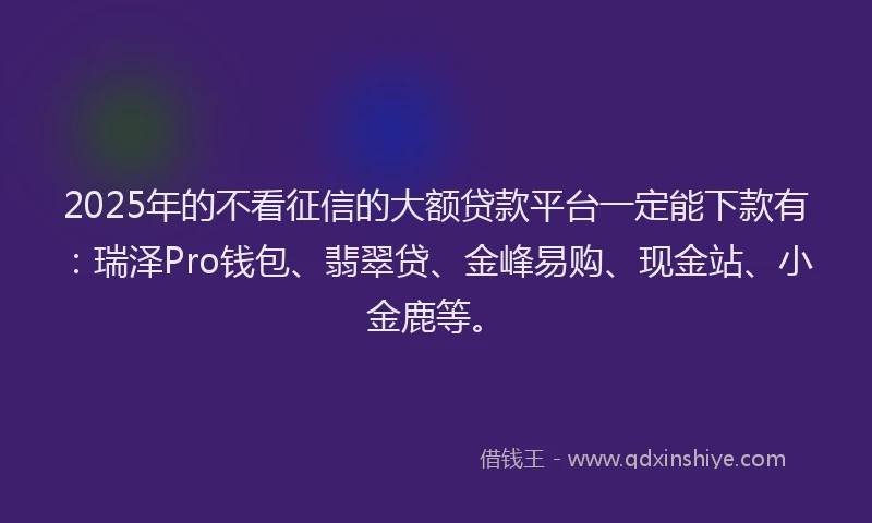 2025年的不看征信的大额贷款平台一定能下款有：瑞泽Pro钱包、翡翠贷、金峰易购、现金站、小金鹿等。