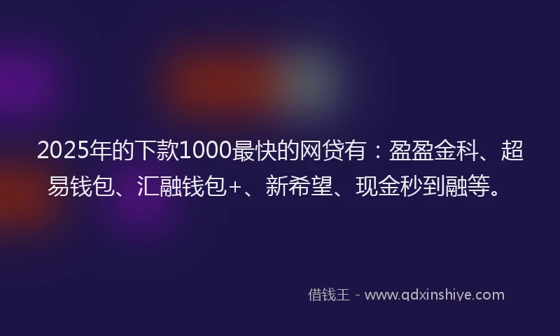 2025年的下款1000最快的网贷有：盈盈金科、超易钱包、汇融钱包+、新希望、现金秒到融等。