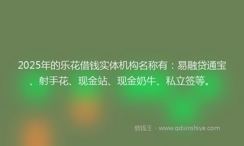 2025年的乐花借钱实体机构名称有：易融贷通宝、射手花、现金站、现金奶牛、私立签等。