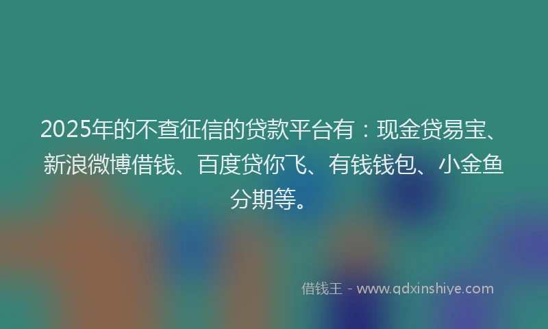 2025年的不查征信的贷款平台有：现金贷易宝、新浪微博借钱、百度贷你飞、有钱钱包、小金鱼分期等。