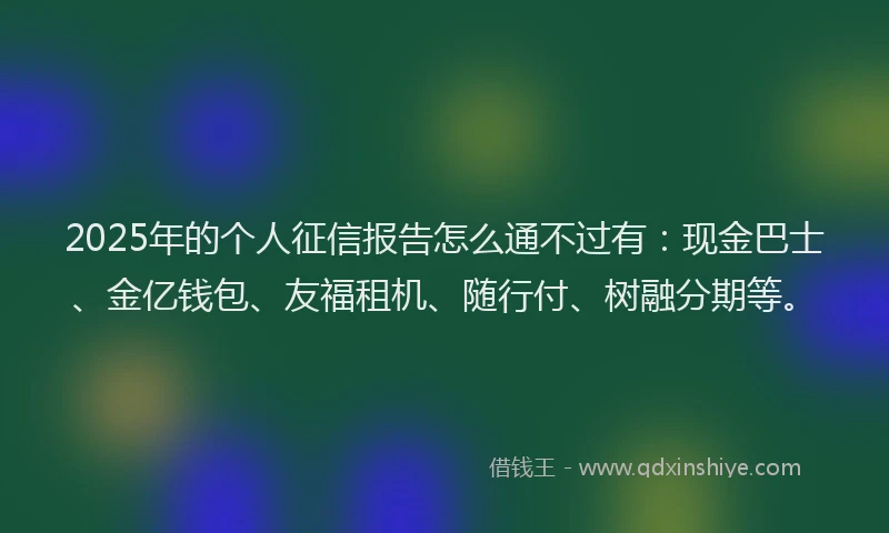 2025年的个人征信报告怎么通不过有：现金巴士、金亿钱包、友福租机、随行付、树融分期等。