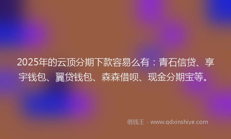 2025年的云顶分期下款容易么有：青石信贷、享宇钱包、翼贷钱包、森森借呗、现金分期宝等。