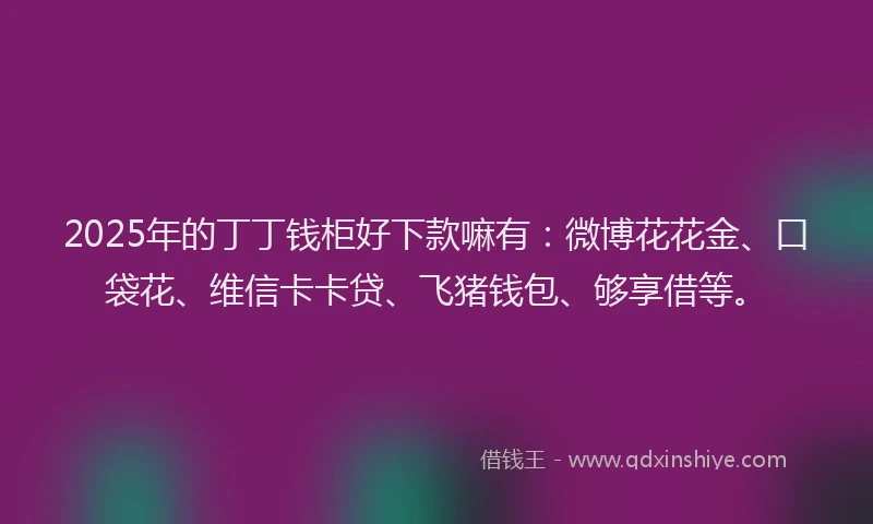 2025年的丁丁钱柜好下款嘛有：微博花花金、口袋花、维信卡卡贷、飞猪钱包、够享借等。