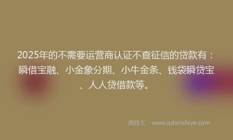 2025年的不需要运营商认证不查征信的贷款有：瞬借宝融、小金象分期、小牛金条、钱袋瞬贷宝、人人贷借款等。