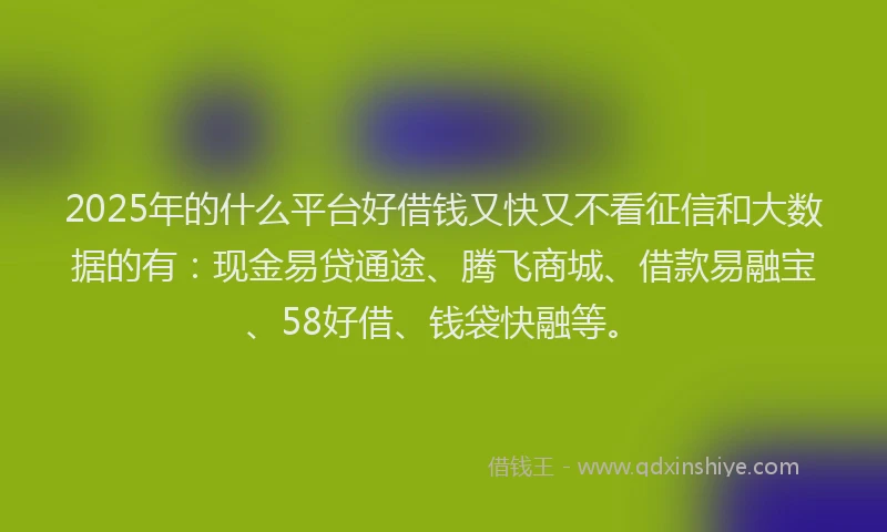 2025年的什么平台好借钱又快又不看征信和大数据的有：现金易贷通途、腾飞商城、借款易融宝、58好借、钱袋快融等。