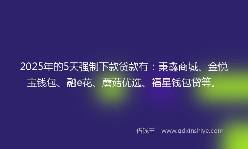 2025年的5天强制下款贷款有：秉鑫商城、金悦宝钱包、融e花、蘑菇优选、福星钱包贷等。