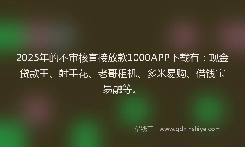 2025年的不审核直接放款1000APP下载有：现金贷款王、射手花、老哥租机、多米易购、借钱宝易融等。
