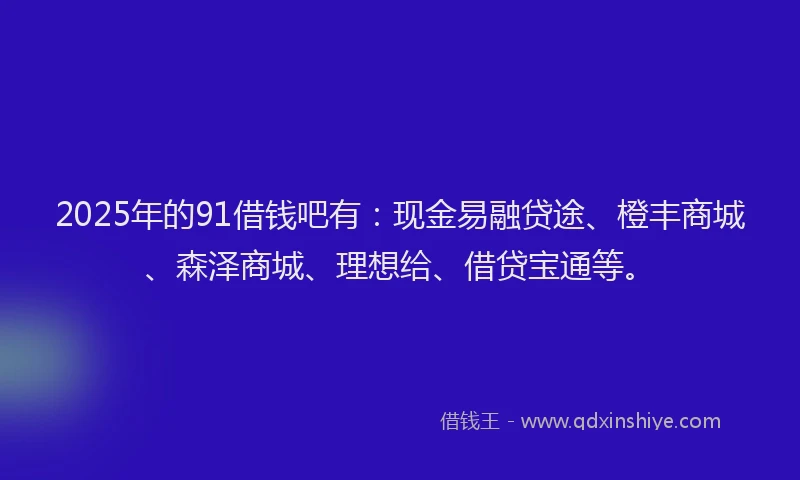 2025年的91借钱吧有：现金易融贷途、橙丰商城、森泽商城、理想给、借贷宝通等。