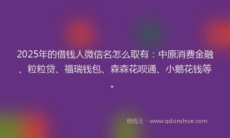 2025年的借钱人微信名怎么取有：中原消费金融、粒粒贷、福瑞钱包、森森花呗通、小鹅花钱等。