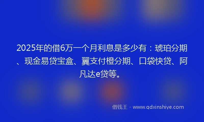 2025年的借6万一个月利息是多少有：琥珀分期、现金易贷宝盒、翼支付橙分期、口袋快贷、阿凡达e贷等。