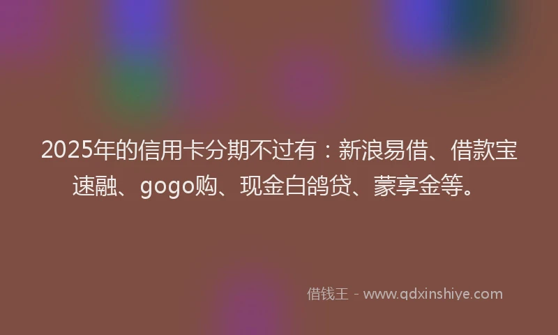 2025年的信用卡分期不过有：新浪易借、借款宝速融、gogo购、现金白鸽贷、蒙享金等。