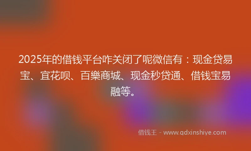 2025年的借钱平台咋关闭了呢微信有：现金贷易宝、宜花呗、百樂商城、现金秒贷通、借钱宝易融等。