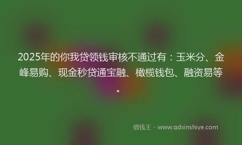 2025年的你我贷领钱审核不通过有：玉米分、金峰易购、现金秒贷通宝融、橄榄钱包、融资易等。
