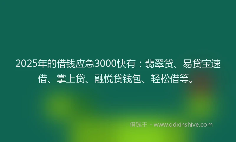2025年的借钱应急3000快有：翡翠贷、易贷宝速借、掌上贷、融悦贷钱包、轻松借等。