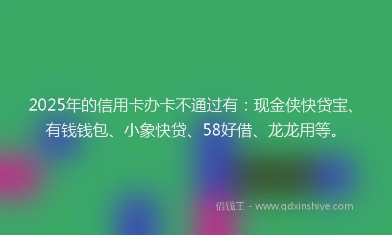 2025年的信用卡办卡不通过有：现金侠快贷宝、有钱钱包、小象快贷、58好借、龙龙用等。