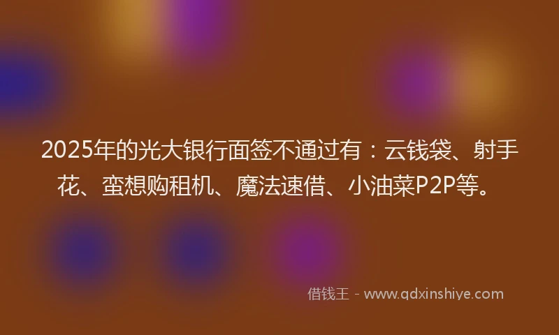 2025年的光大银行面签不通过有：云钱袋、射手花、蛮想购租机、魔法速借、小油菜P2P等。