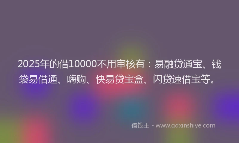 2025年的借10000不用审核有：易融贷通宝、钱袋易借通、嗨购、快易贷宝盒、闪贷速借宝等。