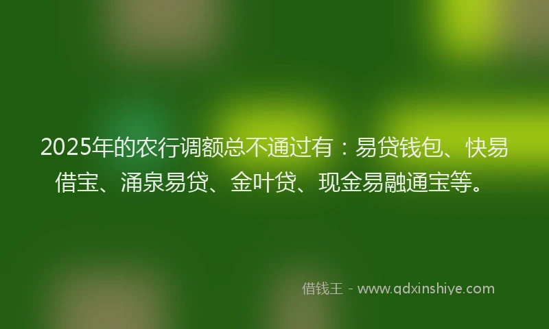 2025年的农行调额总不通过有：易贷钱包、快易借宝、涌泉易贷、金叶贷、现金易融通宝等。