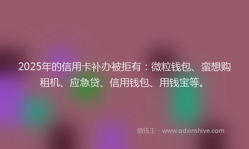 2025年的信用卡补办被拒有：微粒钱包、蛮想购租机、应急贷、信用钱包、用钱宝等。