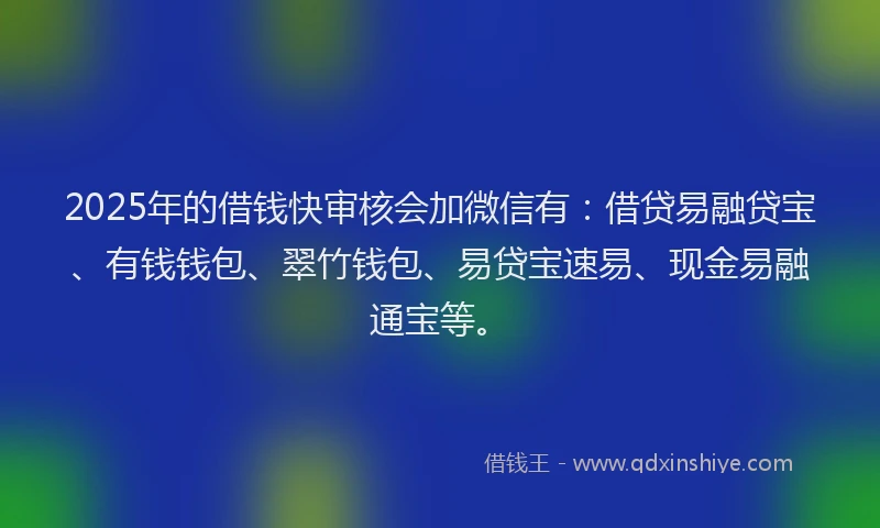 2025年的借钱快审核会加微信有：借贷易融贷宝、有钱钱包、翠竹钱包、易贷宝速易、现金易融通宝等。
